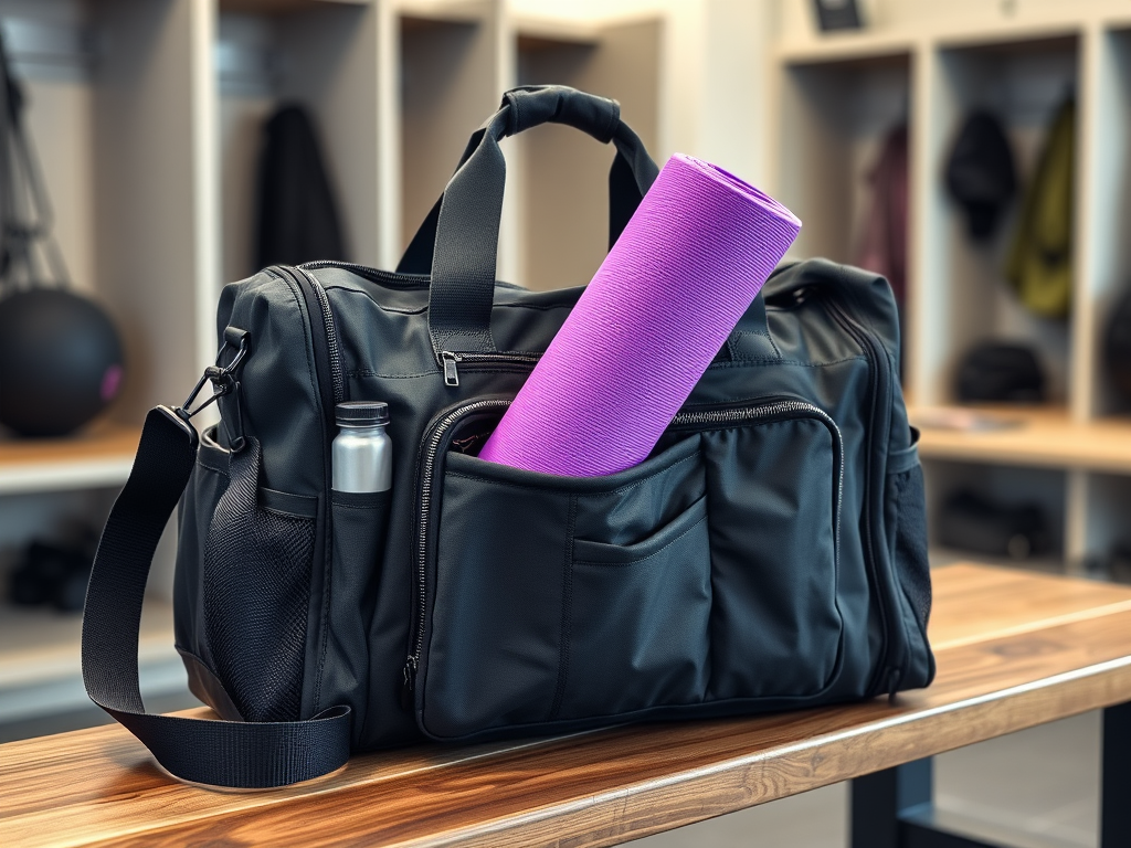 Create a realistic image of a modern gym bag with a visible yoga mat holder, showcasing multiple compartments, water bottle pocket, and durable straps. The bag should be placed on a wooden bench in a locker room setting, with gym equipment visible in the background. A rolled yoga mat in vibrant purple color should be partially inserted into the holder, emphasizing its secure fit.