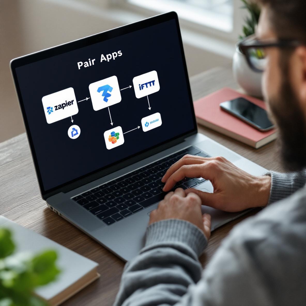 A person engaged in selecting and pairing different applications on their laptop, with visible icons like Zapier and IFTTT on the screen, in a cozy workspace.