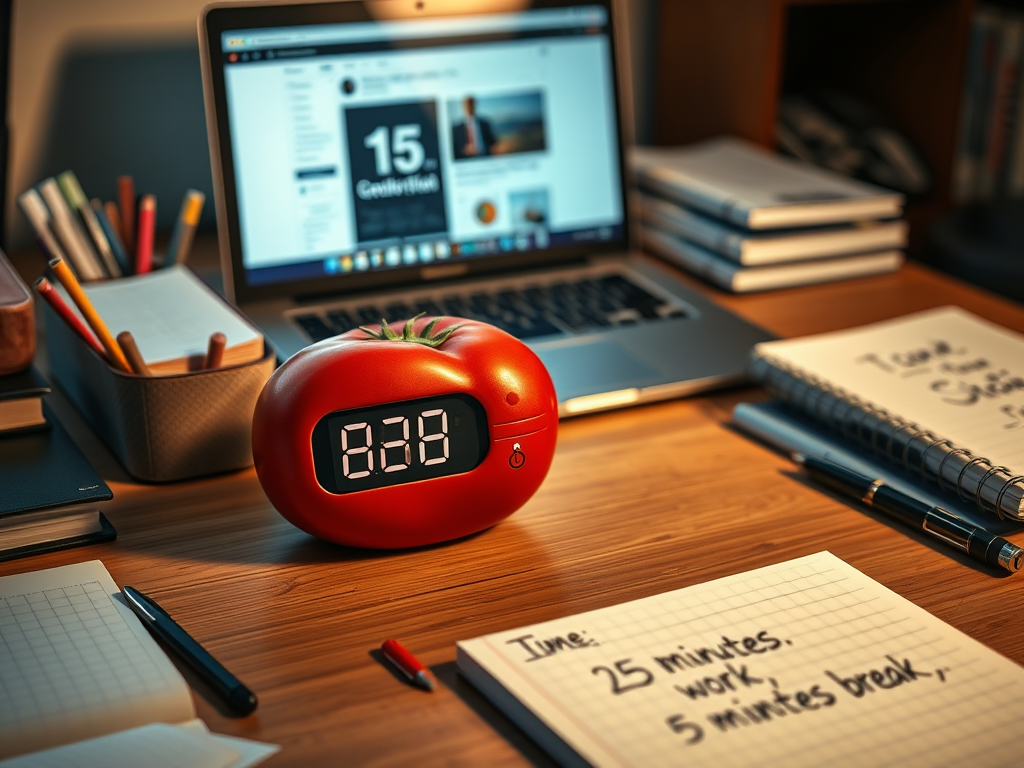 Create a realistic image of a desk with a timer shaped like a tomato prominently displayed, surrounded by neatly organized study materials, a laptop showing a productivity app, and a notebook with "25 minutes work, 5 minutes break" written on it, all bathed in warm, focused lighting to convey a sense of concentration and time management.