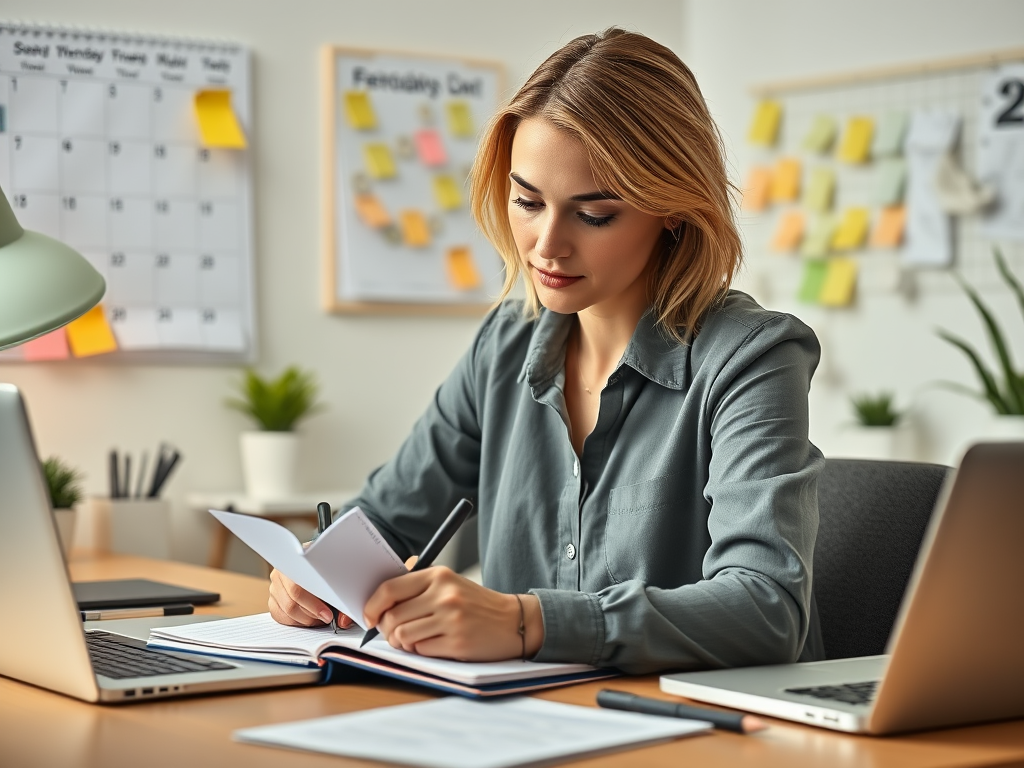 Create a realistic image of a white female professional in her 30s sitting at a desk, writing in a planner with goals and tasks clearly visible. A wall calendar and sticky notes with deadlines are visible in the background. The scene is well-lit, depicting a clean and organized home office setting with a laptop and productivity tools on the desk.