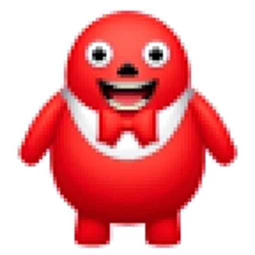 A large, round, red character with a soft plush-like texture. The character has short arms and legs, with big white cartoonish eyes and a wide smile showing friendly teeth. He wears a white shirt with a large red bow tie and stands in a cheerful, slightly goofy pose. The character’s body is bulky and rounded, resembling a cartoon mascot, and he has no visible nose. The overall look is playful, humorous, and friendly