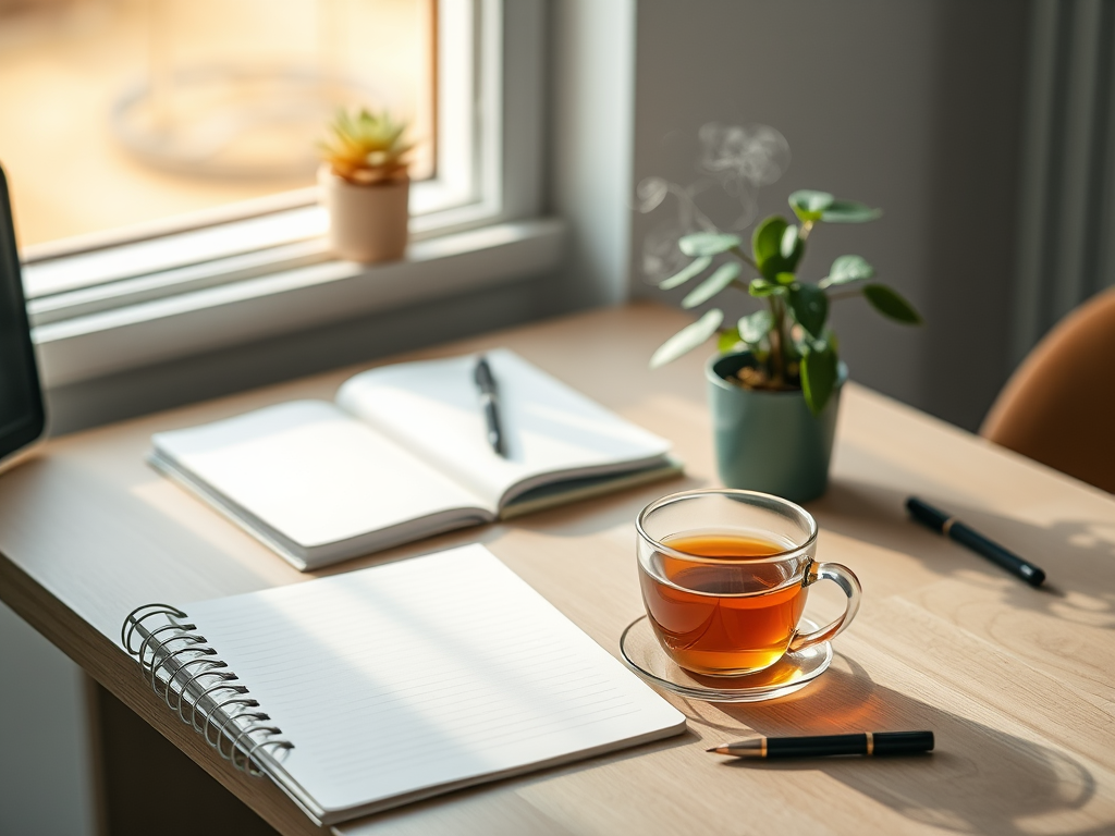 Create a realistic image of a serene workspace with a clean desk, an open notebook, a steaming cup of herbal tea, and a small potted plant, bathed in soft natural light from a nearby window, symbolizing improved focus and productivity.
