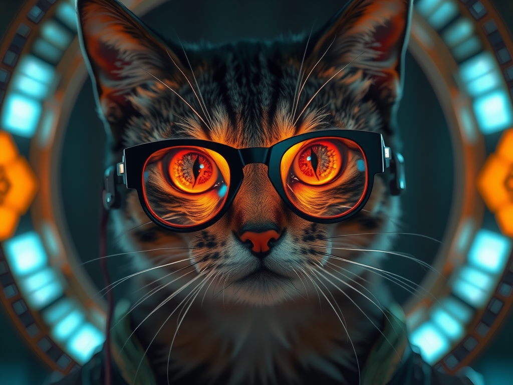 cat + glasses, cynematic light, futuristic, epic fantasy, 8k --ar 2:3