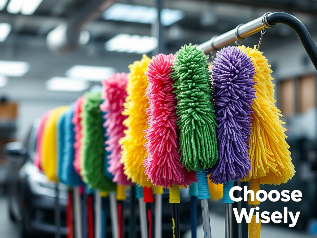 Create a realistic image of a close-up view of multiple car wash cleaning mitts on sticks displayed on a rack, showcasing various colors and textures, with a blurred car wash bay in the background, bright overhead lighting highlighting the mitt features, and a small "Choose Wisely" text overlay in the corner.