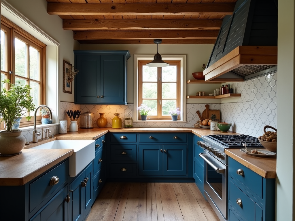 Elegant Navy Blue Cabinetry: A Touch of Tradition in a Rustic Kitchen