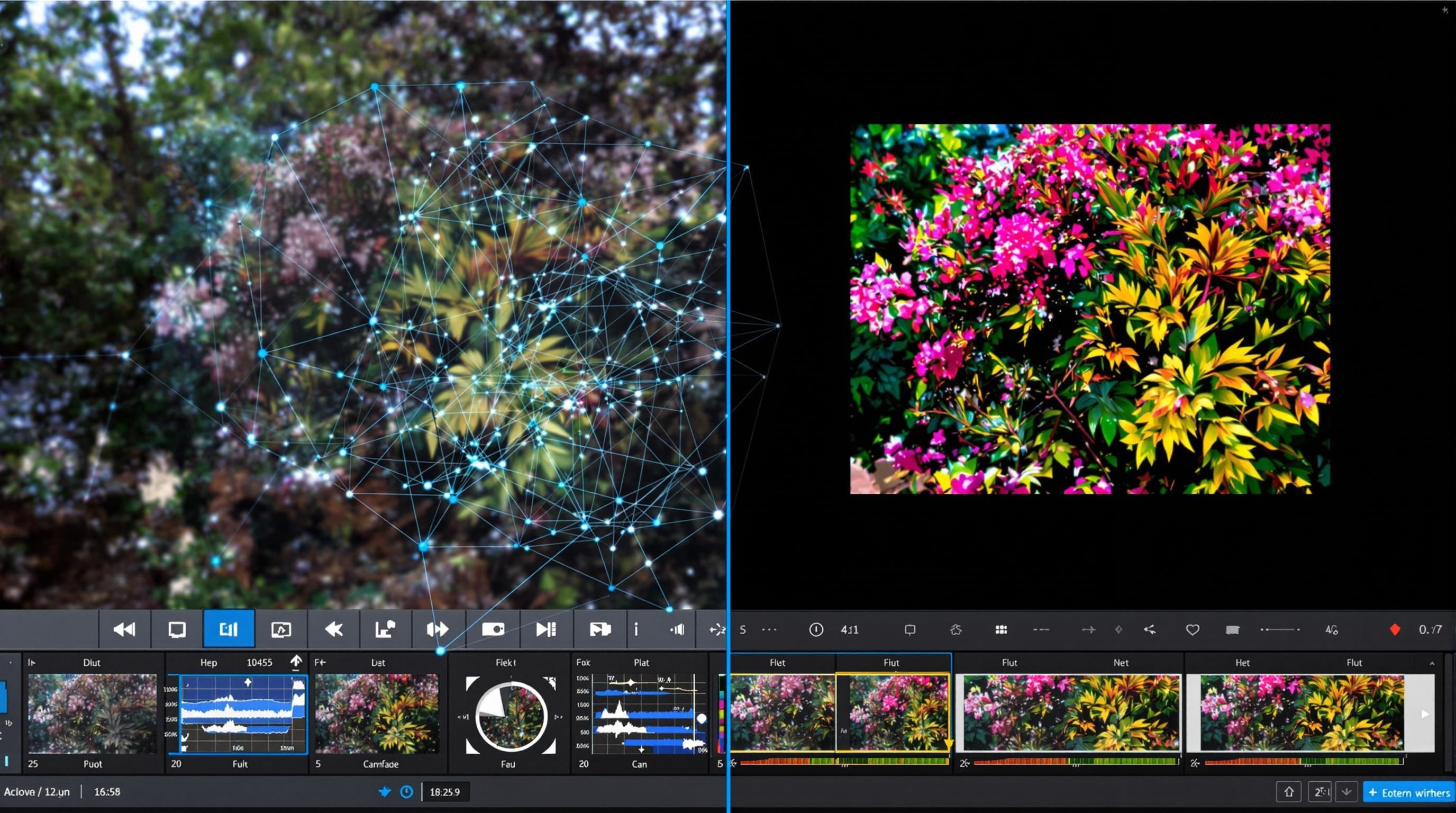 Futuristic concept art of AI-driven photo editing tools seamlessly integrating with creative workspaces, holographic photo enhancement elements, digital artistry blending with human creativity, sleek modern design, 16:9 aspect ratio