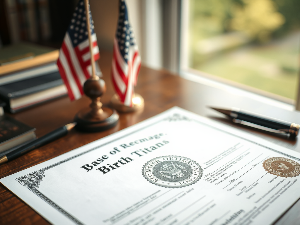 Create a realistic image of a close-up view of a raised seal birth certificate with an official-looking stamp, placed on a wooden desk next to a pen and a small American flag, with soft natural light streaming in from a nearby window.