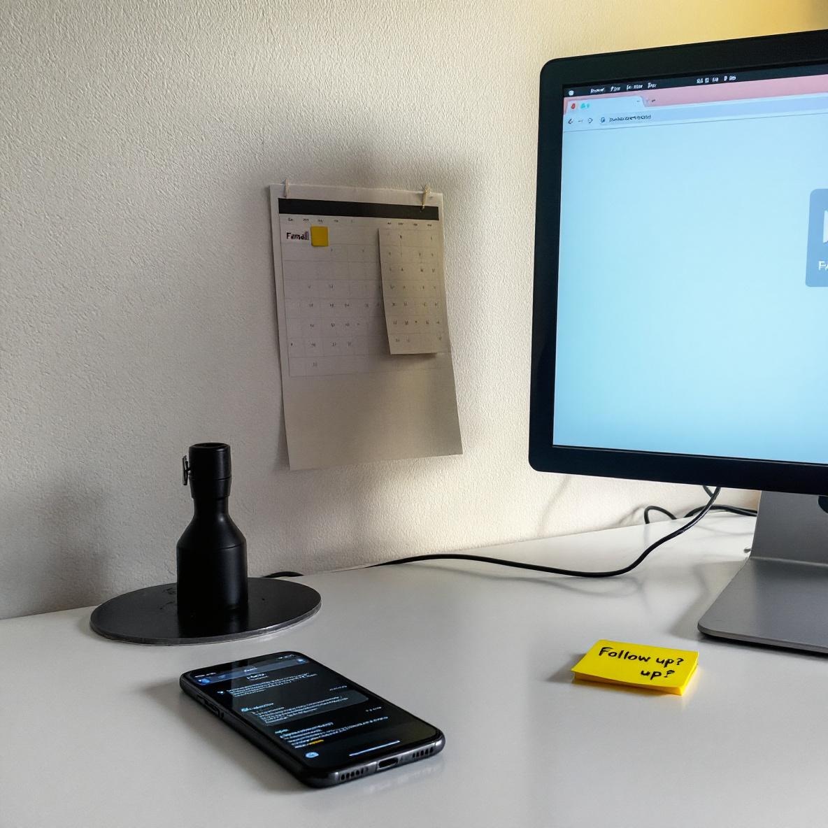 An office desk showing a computer with an email notification of a silent client. The room is quiet, with reminders to follow up, evoking the scenario of clients not responding.