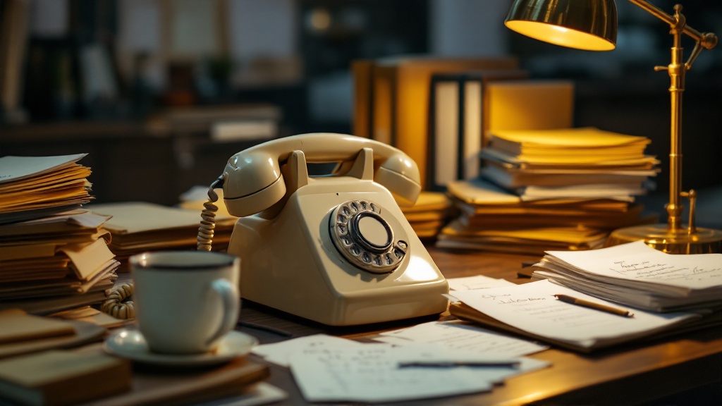 Vintage telephone and paper case files on desk
