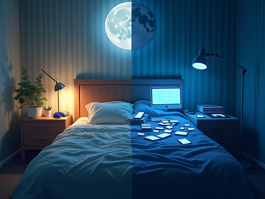 Imagine a thought-provoking and visually arresting cover image for the paper 'Wired Awake: Tackling the Modern Sleep Crisis in a Digitally Connected World'. The central theme focuses on the juxtaposition of technology and sleep. Visualize a split scene: on one side, a serene bedroom bathed in soft moonlight, featuring an uncluttered nightstand with a sleeping mask and a book, symbolizing ideal sleep hygiene. The room should exude calmness with a muted color palette of soft blues and gentle grays, reflecting tranquility and rest. On the other side, depict a chaotic and cluttered desk overwhelmed with glowing digital devices - smartphones, tablets, and a computer, all emitting harsh blue light. This side should have a starkly different color palette with intense blues and stark white highlights, symbolizing disruption and the harsh impact of technology on sleep. The mood is tense and overstimulating, contrasting sharply with the peaceful sleep environment. The artwork should be in a digital painting style, detailed and realistic, with a strong visual depth that pulls the viewer into this stark dichotomy between a technology-free sanctuary and a tech-laden space. The overall atmosphere should provoke reflection on personal digital habits and their impact on sleep health.