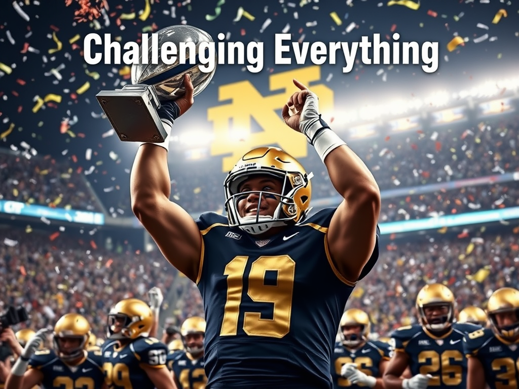 Create a realistic image of a victorious Notre Dame football player raising the Sugar Bowl trophy amidst a confetti-filled stadium, with the Notre Dame logo visible in the background and jubilant teammates celebrating nearby. The player should be wearing a gold helmet and navy blue uniform. Include the text "Challenging Everything" in a stylized font above the scene.