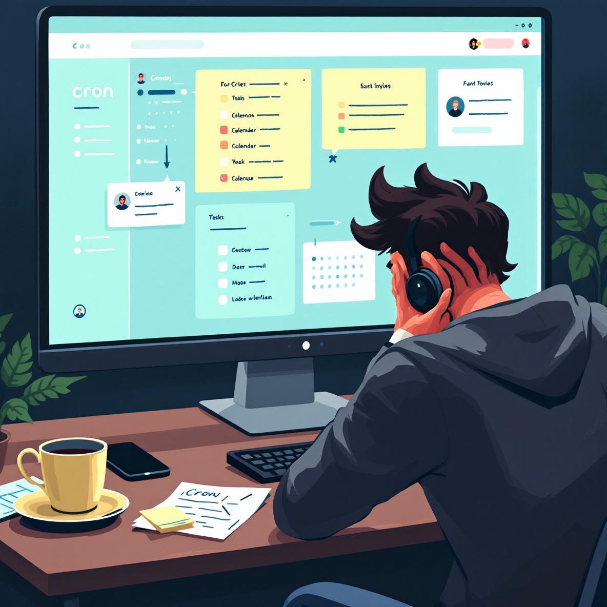 A frustrated freelancer staring at a computer screen displaying Cron and Sunsama integrations, surrounded by notes and a cup of coffee, reflecting the challenges of managing multiple productivity tools.