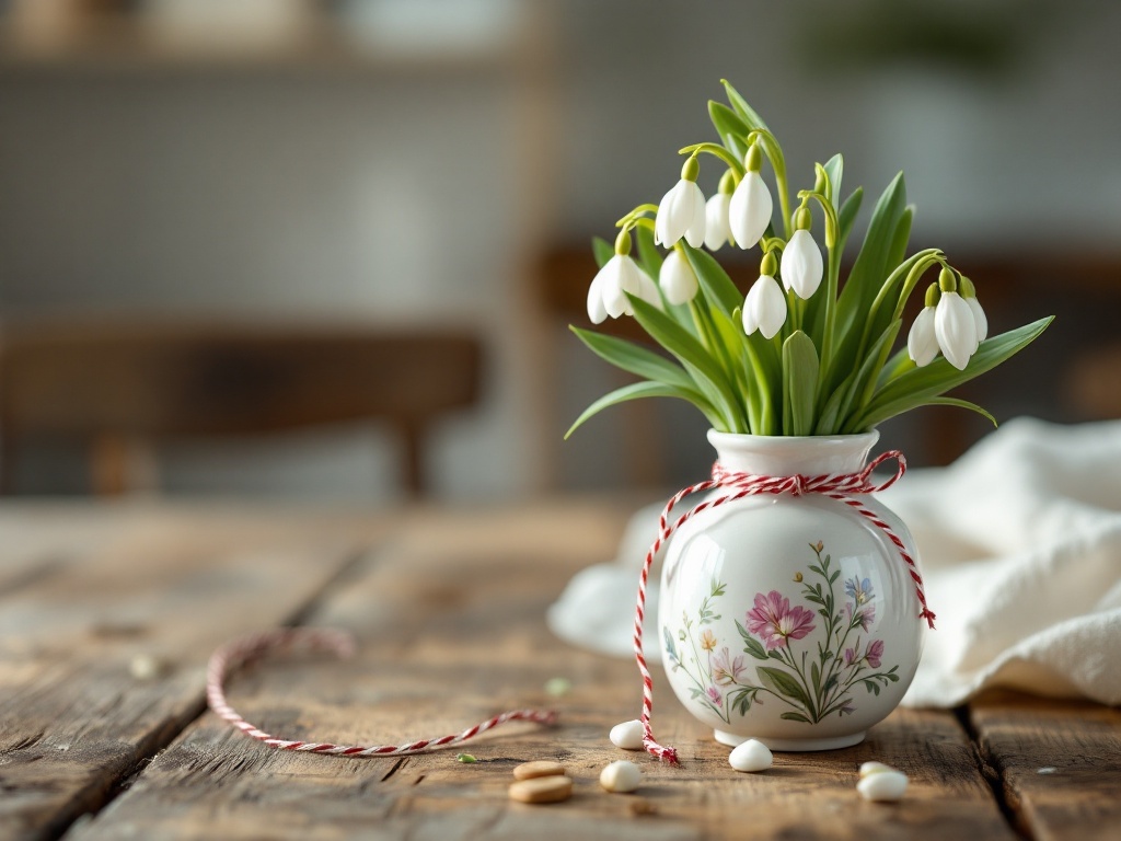 A photorealistic shot capturing a simple, handmade ceramic vase painted with delicate spring flower motifs, filled with a small bouquet of fresh snowdrops and tied with a traditional red and white martisor string, placed on a rustic wooden table with soft, natural lighting