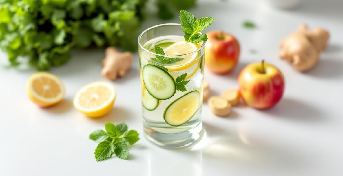 Infused water with cucumber, lemon, mint, surrounded by detox ingredients on a white background.