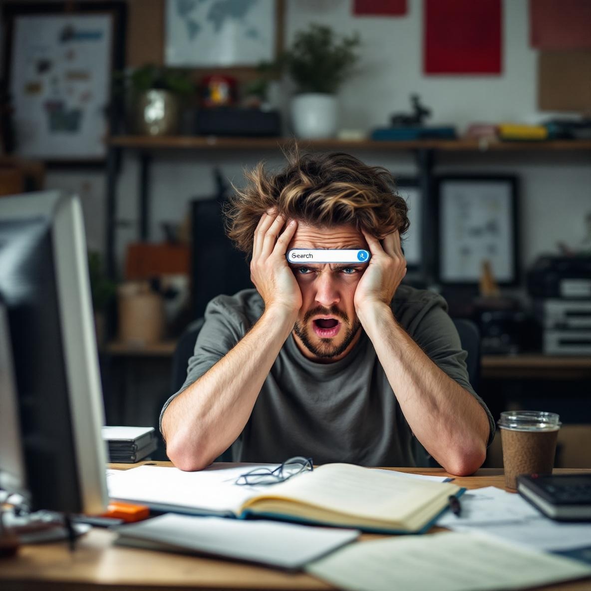 A person looks distressed at their desk with their laptop showing an empty search bar, illustrating the frustration of search functionality failing at a critical moment.