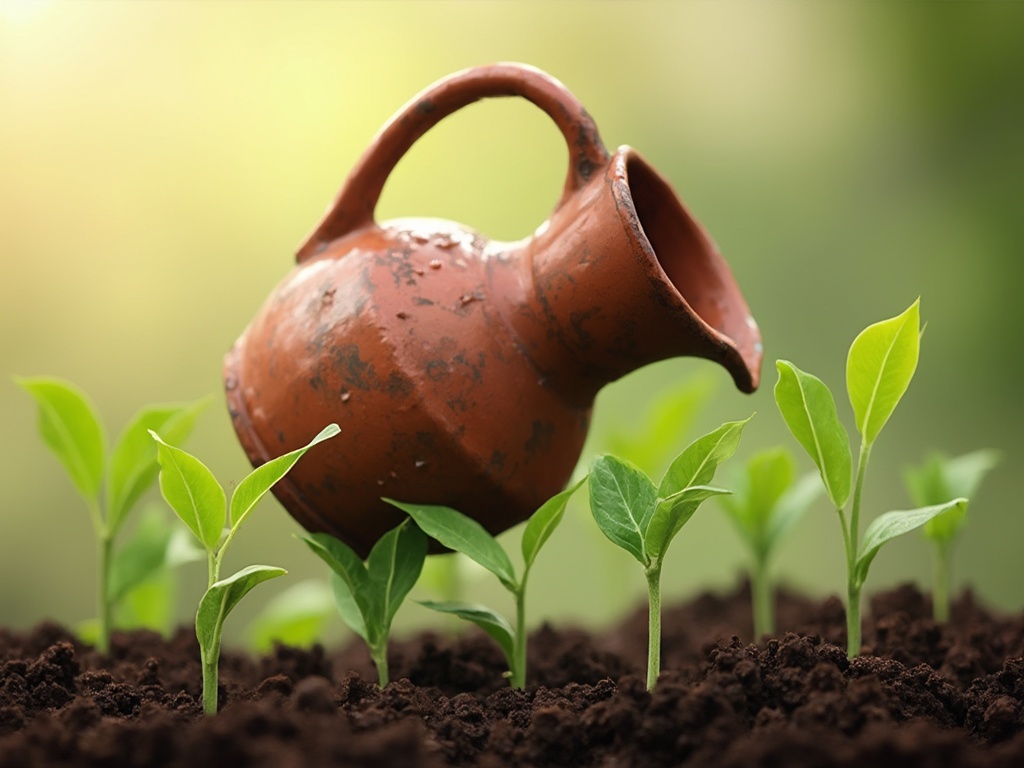 empty (no water) jug tipped in air onto some saplings 