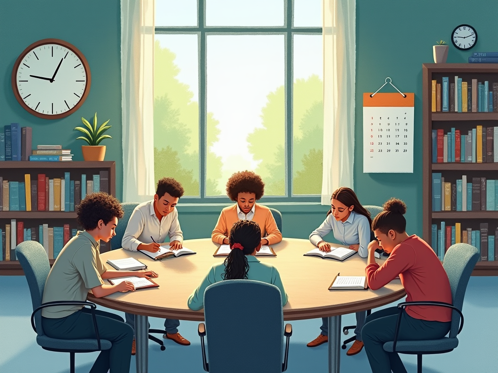 Visualize a serene and scholarly scene depicting a diverse group of college students in a spacious, modern library with large windows casting soft morning light. The central focus is a large, circular table where students of various descents are deeply engrossed in their studies, surrounded by open books and laptops. Each student exhibits a different sleep-related posture: one yawning, another stretching, and one napping with a book as a pillow. In the background, a large clock shows an early morning hour, and a calendar on the wall is marked consistently, symbolizing regular sleep patterns. The image should evoke a calm and focused atmosphere, emphasizing the importance of sleep in academic settings. The color palette consists of soothing blues and greens, with touches of warm amber from the sunlight. Opt for a digital watercolor style to blend realism with a touch of softness, enhancing the dreamy quality of the scene. The artwork should convey both the tranquility and the academic rigor of the setting, illustrating the paper's theme of the critical role of sleep in maintaining cognitive function and academic performance.