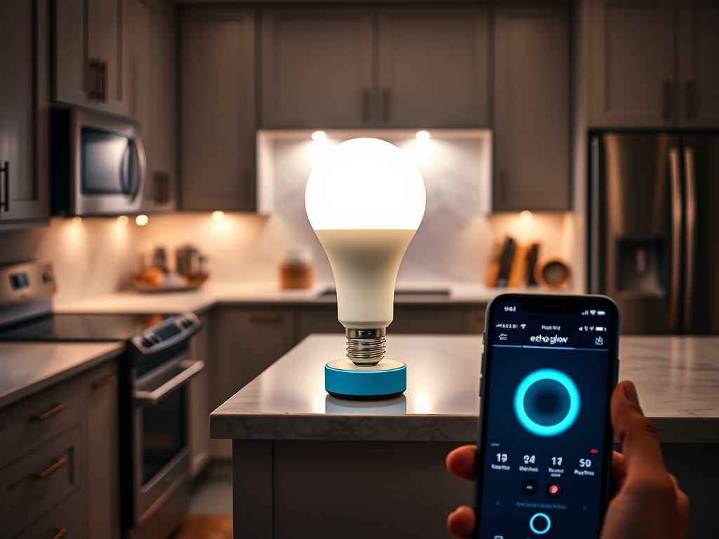 Create a realistic image of a modern kitchen with an Amazon Echo Glow smart light bulb prominently displayed on the countertop, emitting a warm, inviting glow. The kitchen features sleek stainless steel appliances, marble countertops, and ambient under-cabinet lighting. A smartphone screen visible in the foreground shows the Echo Glow app interface, suggesting control over the smart light.