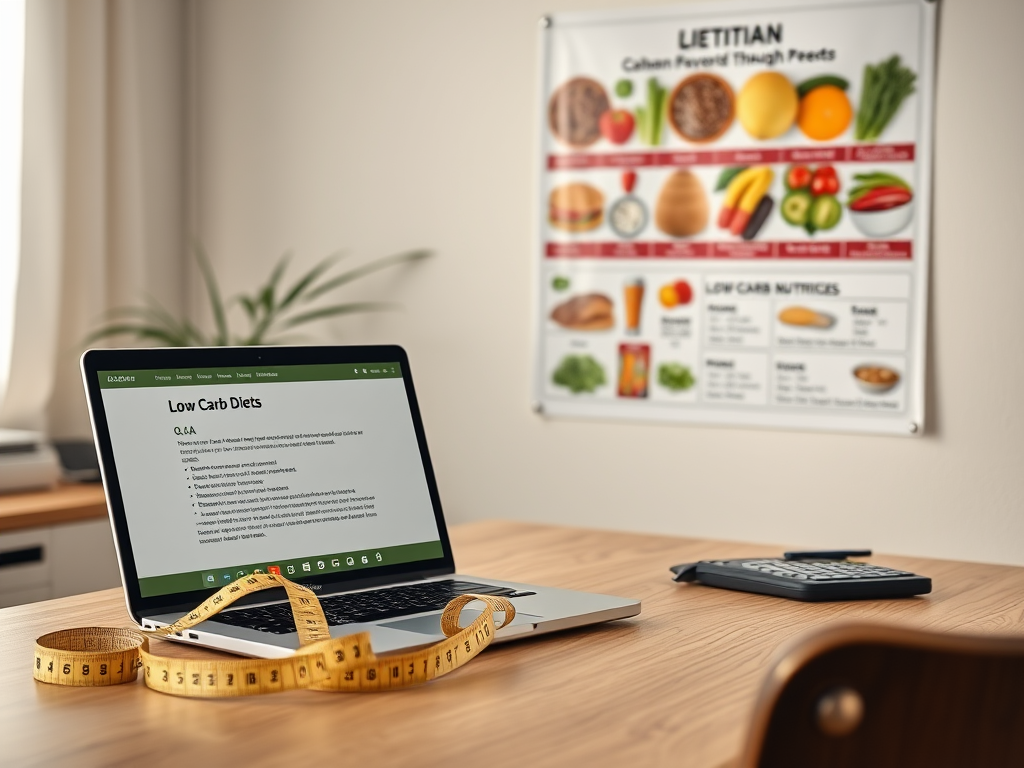 Create a realistic image of a dietitian's office with a desk in the foreground, displaying a laptop showing a Q&A webpage about low-carb diets. On the desk, place a measuring tape, a calculator, and a chart showing weight loss progress. In the background, include a wall-mounted poster depicting healthy low-carb food options and their nutritional values.