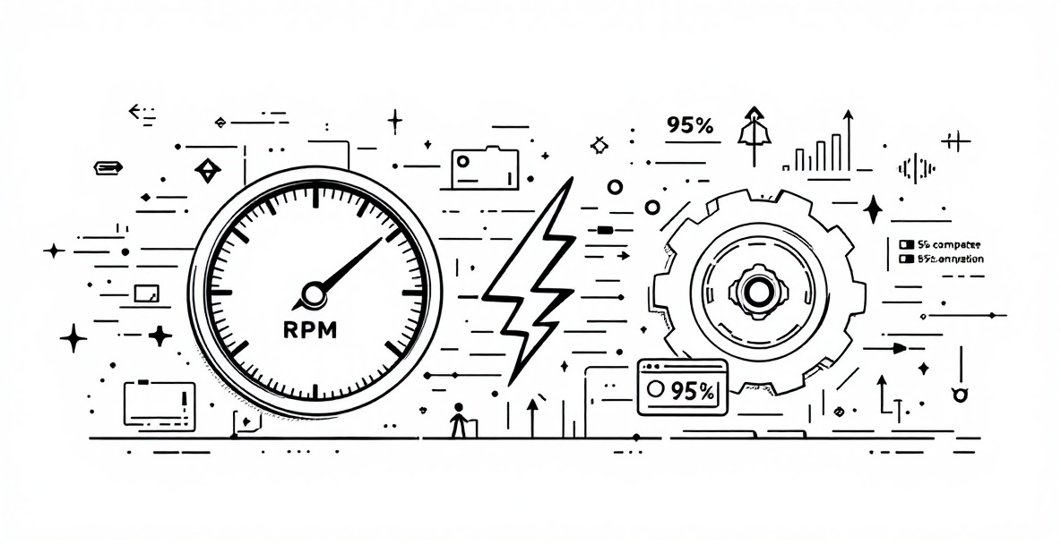 Minimalist sketch showing a speedometer and gear mechanism connected by a lightning bolt, representing optimization and speed.