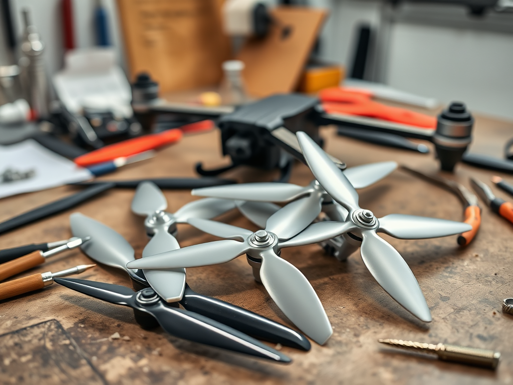 Create a realistic image of a set of drone propellers in various sizes and designs, arranged on a workbench with DIY tools scattered around, including a screwdriver, pliers, and a small wrench, with a partially assembled drone frame visible in the background, all under bright workshop lighting to highlight the intricate details of the propellers.