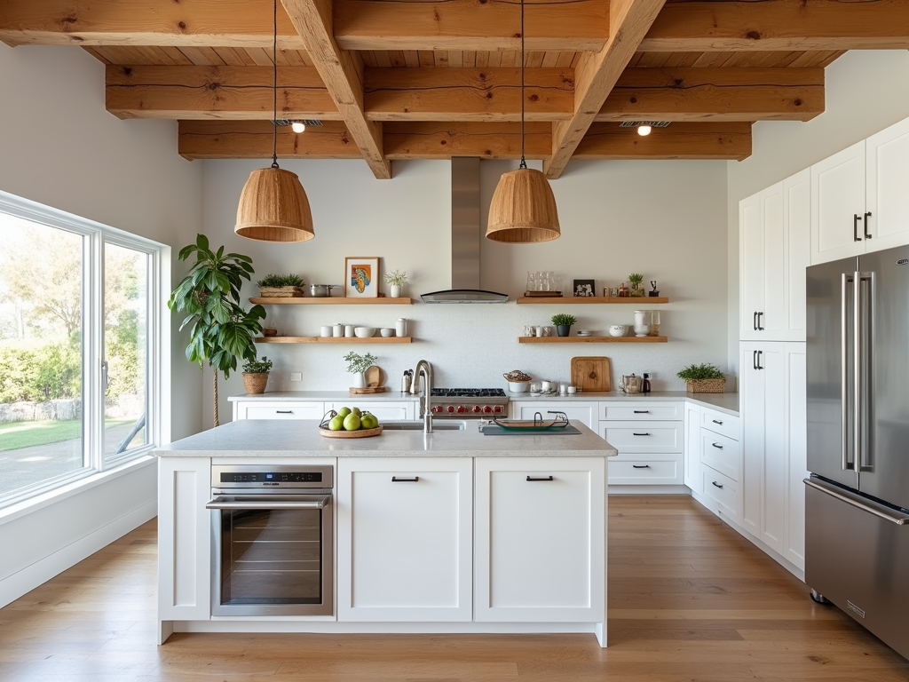 Chic Rustic Wood Beams in Modern White Kitchens