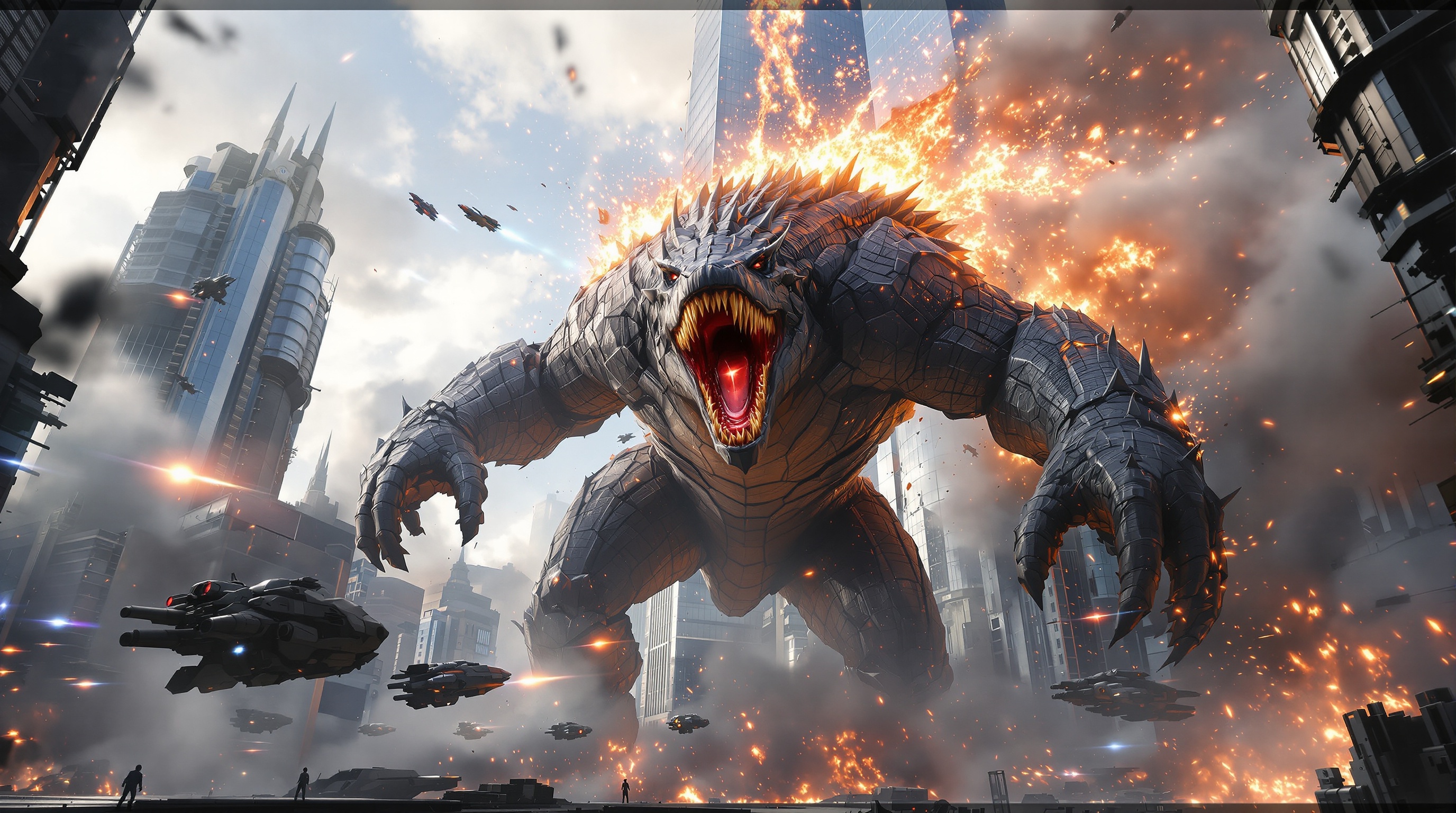 Escena de destrucción urbana con mechas en nuestro análisis de Monster: Titan's Playground VR