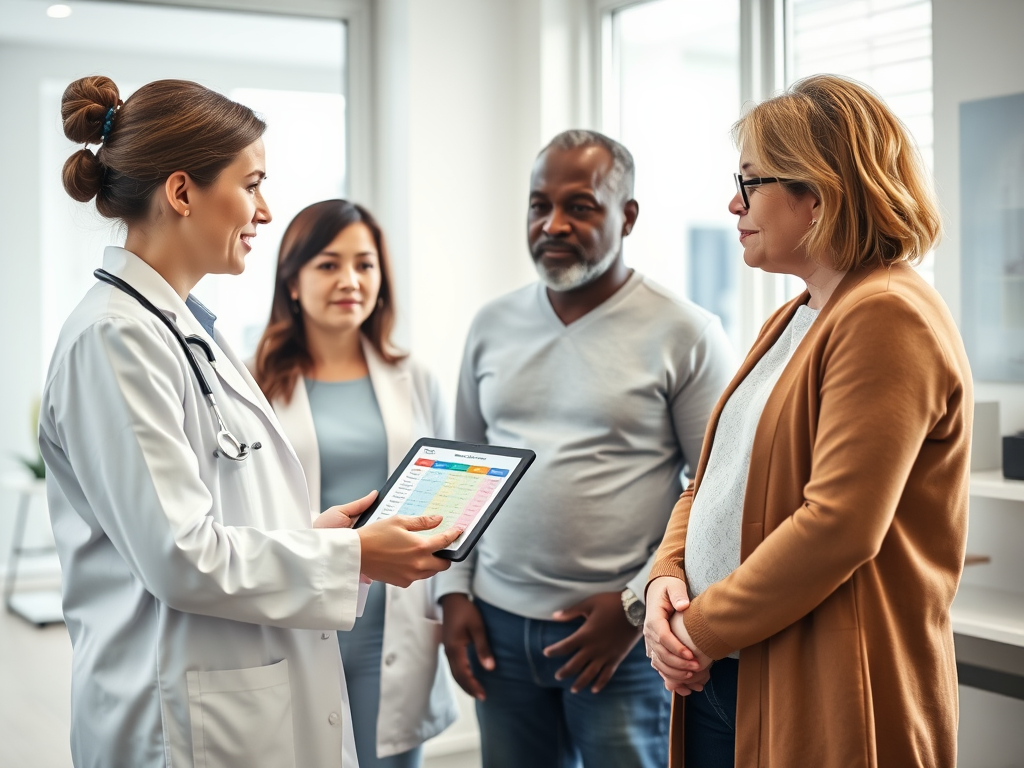 Create a realistic image of a white female pediatrician in a white coat discussing a vaccine schedule with a diverse group of parents, including a white mother, black father, and Asian mother, in a bright, modern medical office. The doctor is pointing to a colorful vaccine schedule chart on a tablet while the parents listen attentively, conveying effective communication.