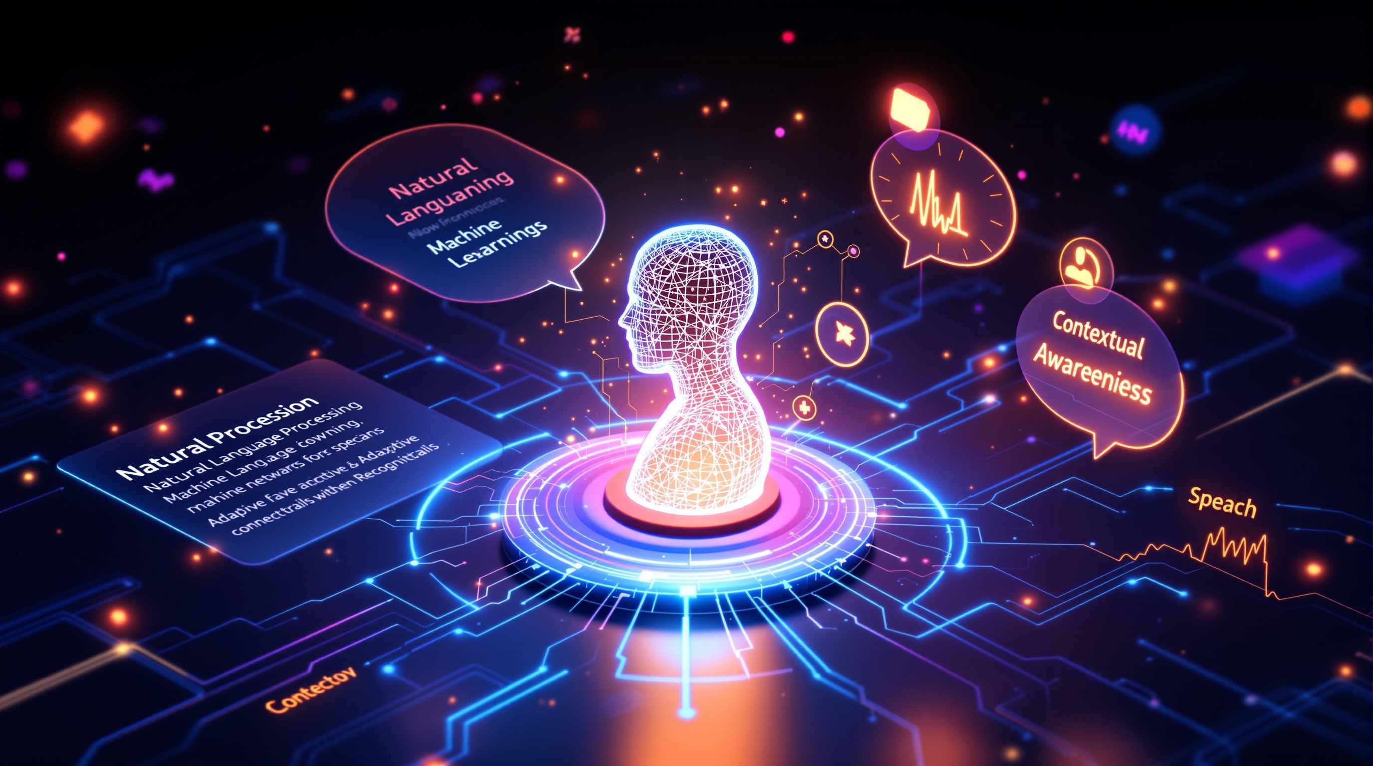 Futuristic infographic showing the core technologies of AI assistants such as NLP, Machine Learning, Contextual Awareness, and Speech Recognition working together