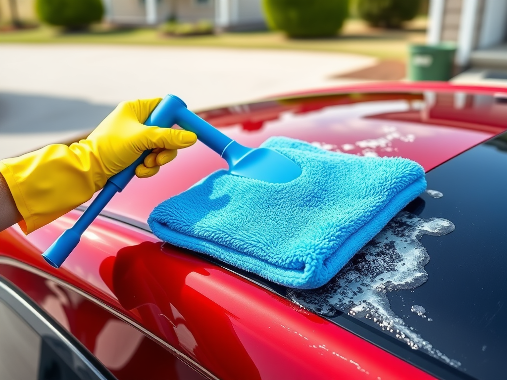 Create a realistic image of a person's hands wearing yellow rubber gloves, holding a blue microfiber car wash mitt on a long extendable handle, cleaning the roof of a shiny red car. The background shows a sunny day in a residential driveway with soapy water and bubbles visible on the car's surface.