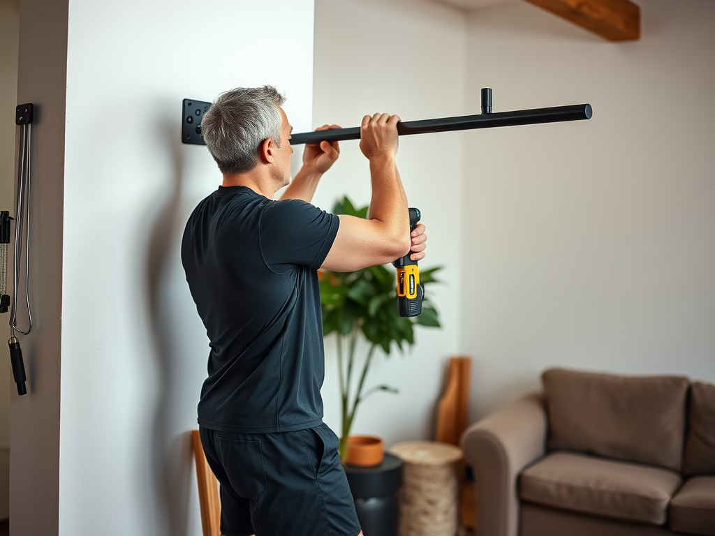 Create a realistic image of a white male homeowner in workout clothes carefully mounting a pull-up bar to a sturdy wall, using a drill and level tool, with various tools and hardware scattered nearby, in a well-lit home gym or living room setting, focusing on proper technique and safety measures.