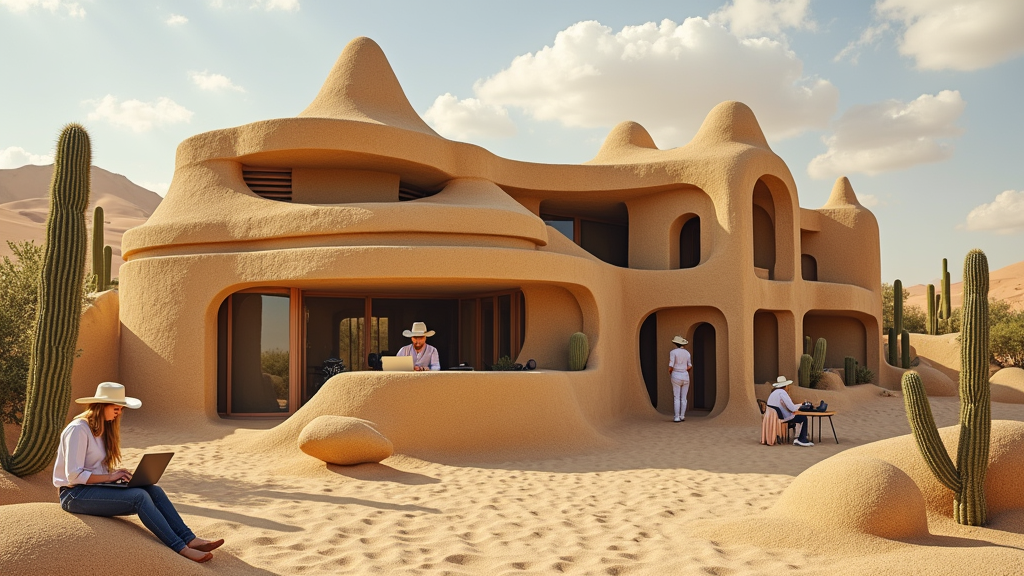 A bustling office complex made entirely of sand and recycled materials, with employees in cowboy hats typing away on laptops amidst cacti.