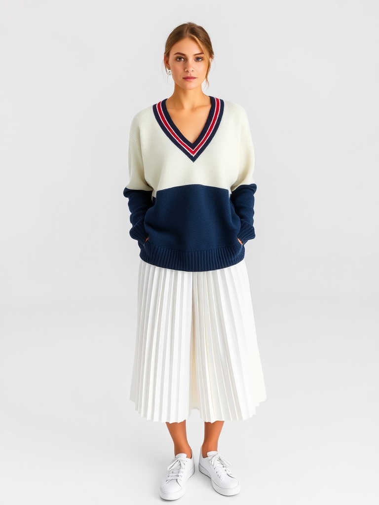 Woman in preppy tennis sweater outfit