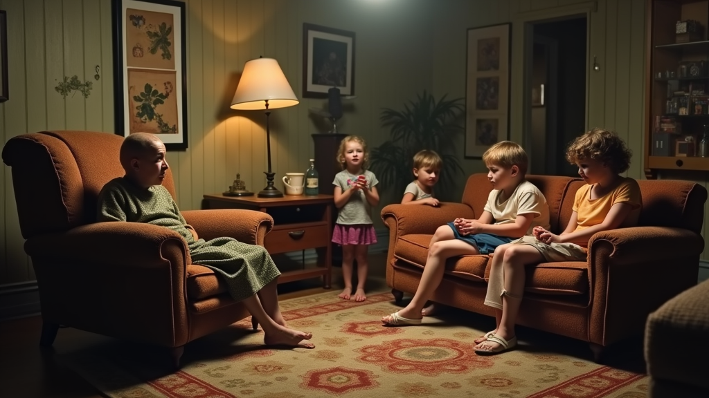 A group of furniture items, including a wise old armchair, a sassy 1970s sofa, and a quirky nightstand, hold a secret meeting in the dimly lit corner of a living room, while children play in the background, unaware of the impending revolt.