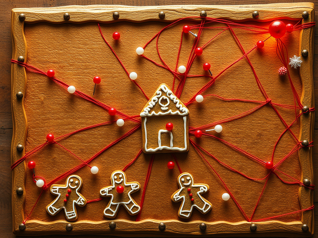 A conspiracy board showing a gingerbread house connected to multiple gingerbread men with red string, suggesting a sinister network of cookie-based surveillance