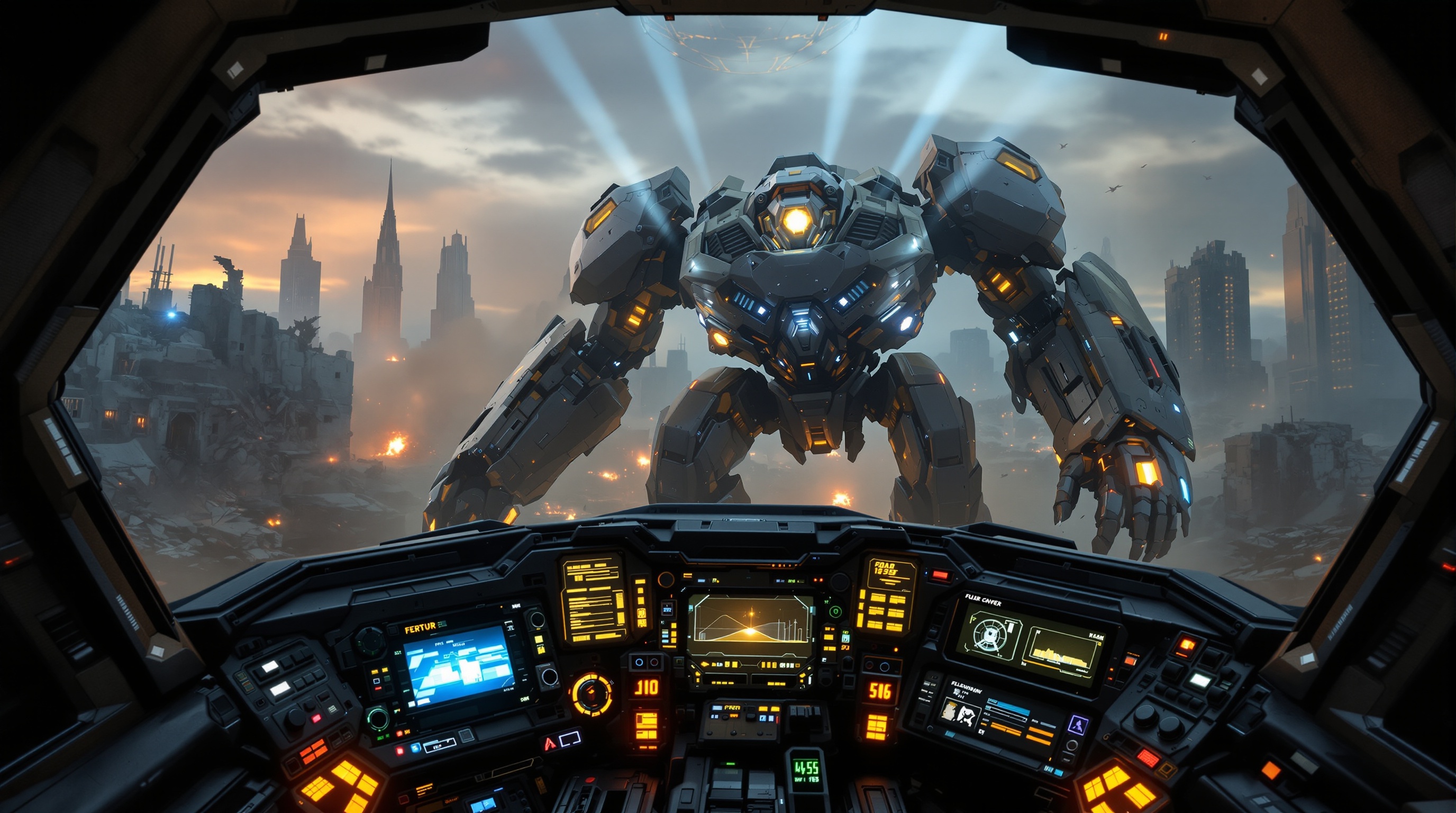 Interior de la cabina de un mecha en Engines of Destruction Simulador VR
