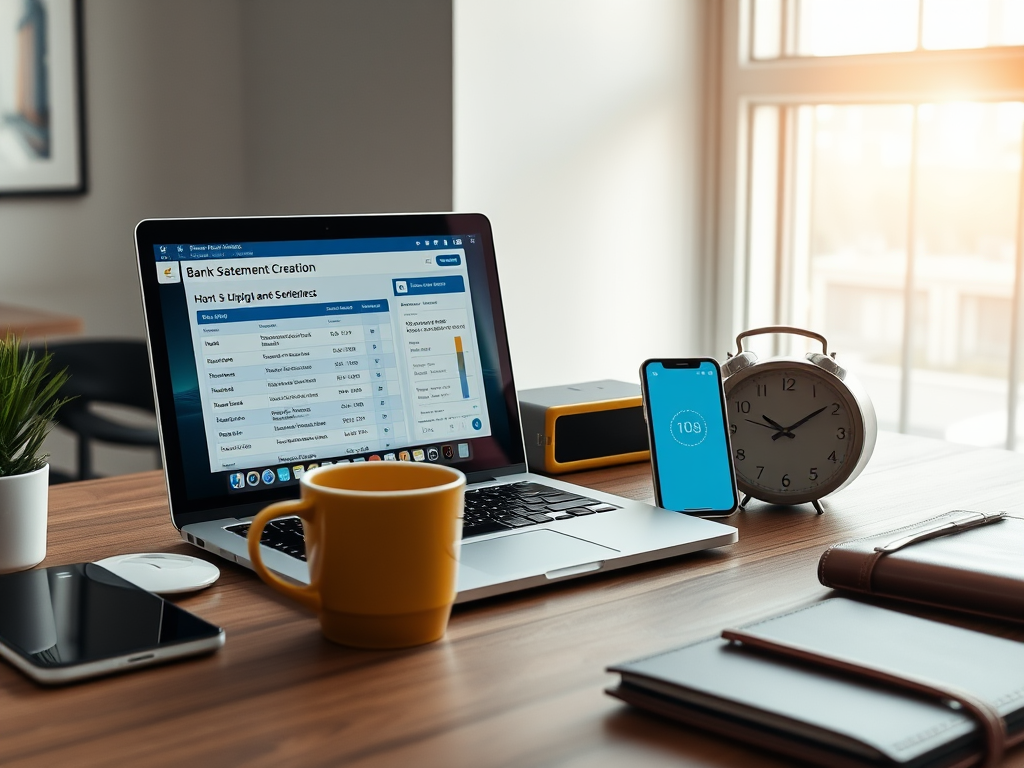 Create a realistic image of a modern office desk with a laptop showing a bank statement creation software interface, a smartphone displaying a banking app, and a sleek digital clock emphasizing time savings. Include a coffee mug and a leather portfolio to convey a business atmosphere. The scene should be well-lit with natural light from a nearby window, creating a productive and efficient ambiance.