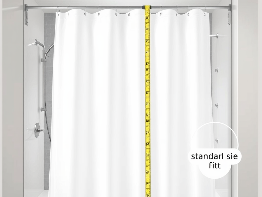 Create a realistic image of a standard-sized white shower curtain hanging in a typical bathroom, with a measuring tape visible to emphasize its perfect fit, showcasing a clean and modern shower stall in the background, soft lighting highlighting the curtain's texture and dimensions, and a small "standard size" label discreetly placed in the corner of the image.