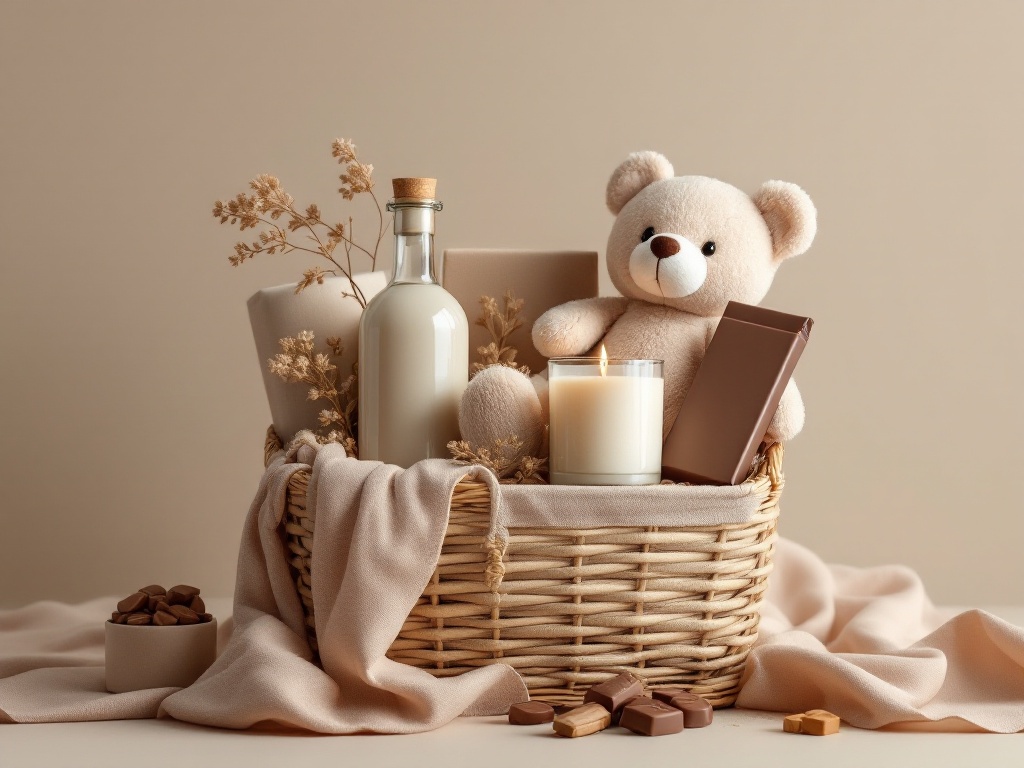 A photorealistic shot capturing an elegant gift basket filled with a variety of items: a plain bottle, solid-colored plush toy, simple unadorned candle, and monochromatic chocolate bar, arranged on a neutral background