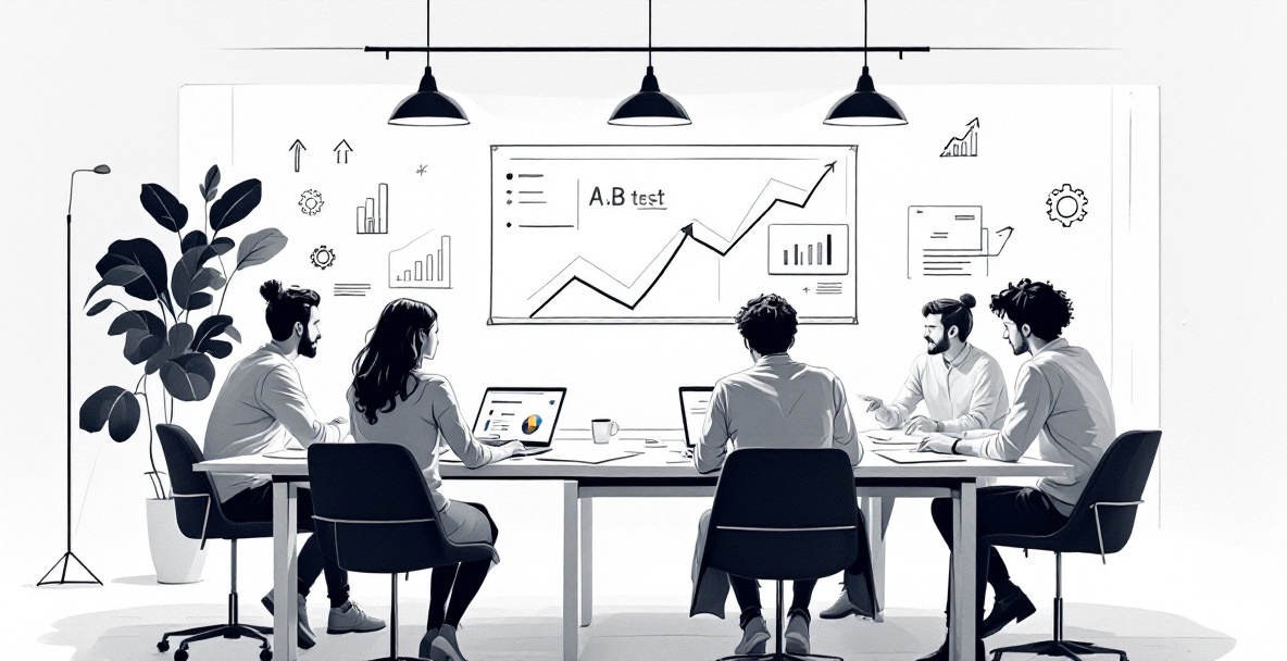 Digital marketers analyzing A/B test data around a table.