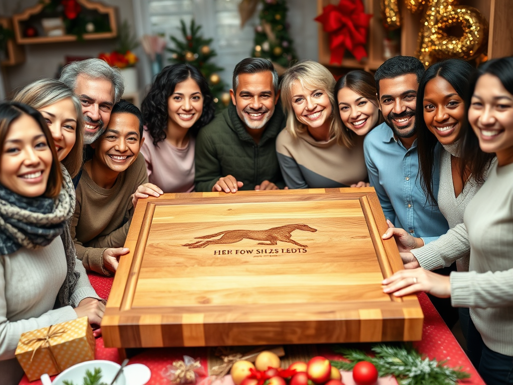 Create a realistic image of a diverse group of smiling people (including white, black, and Asian individuals of various ages and genders) gathered around a large, beautifully engraved wooden cutting board on a festive table, with gift-wrapping materials and celebratory decorations visible in the background, highlighting the versatility of the cutting board as a gift for different recipients.