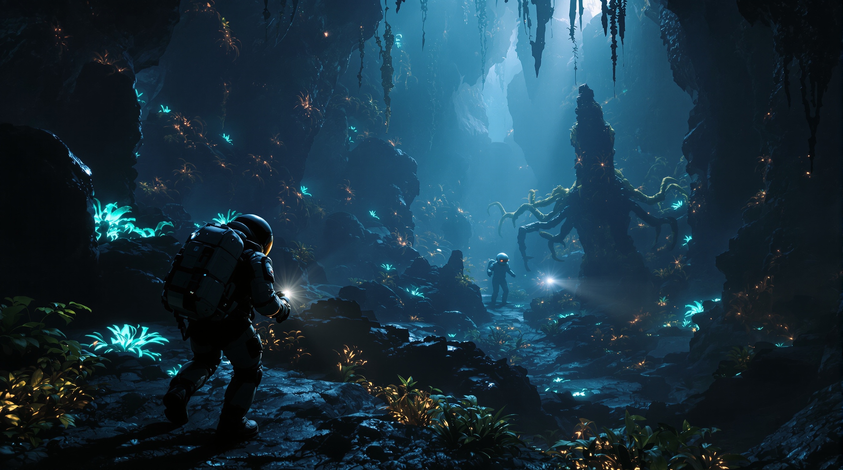 Análisis del entorno alienígena en Into Black con cuevas oscuras y bioluminiscentes