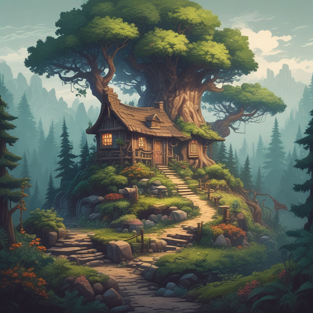 A dense, misty forest with towering, gnarled trees and a winding path leading to a small, charming cottage nestled among the foliage.