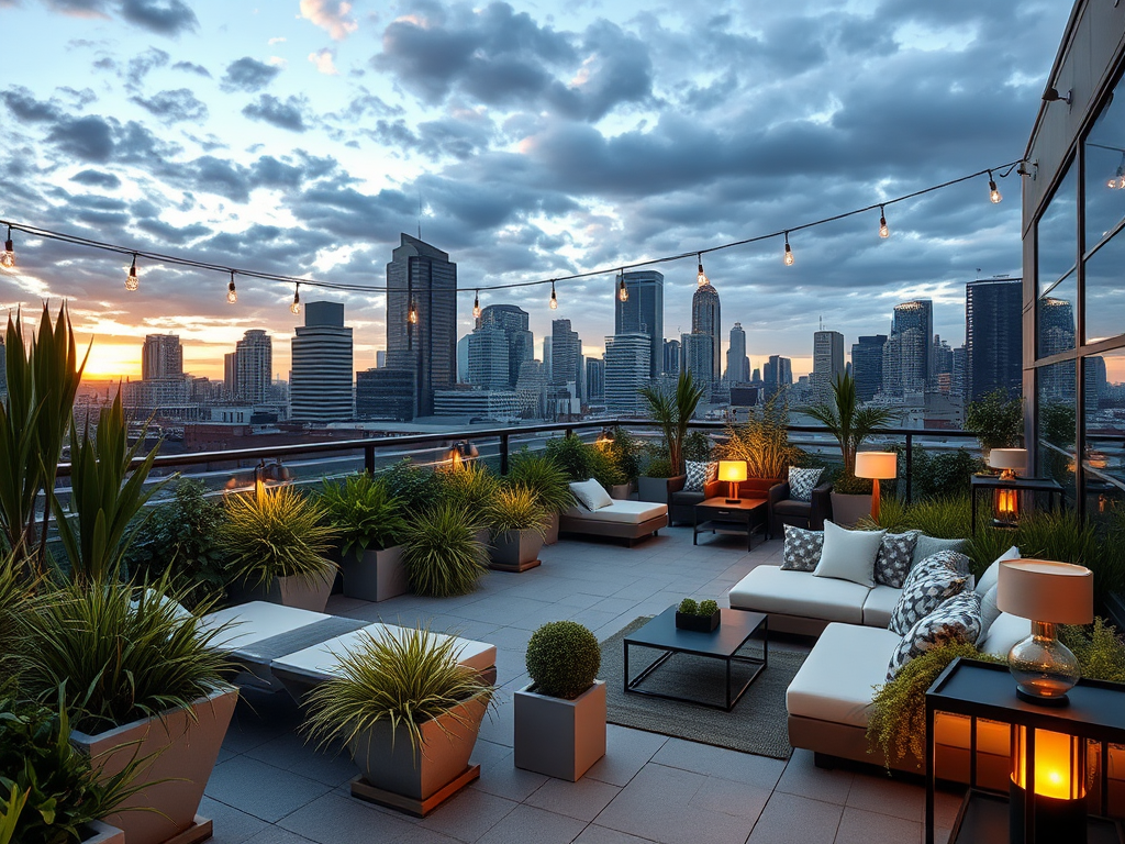 Urban Rooftop: "Design a chic rooftop garden with modern seating, container plants, and a city skyline view."