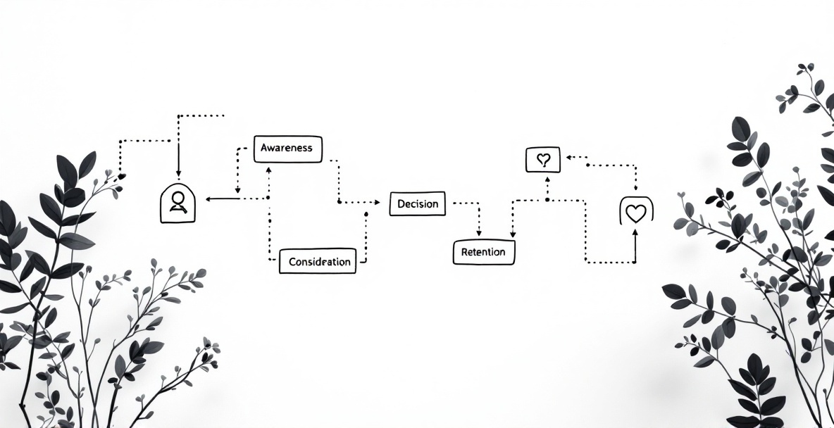 Minimalistic customer journey map with icons and stages: Awareness, Consideration, Decision, Retention.