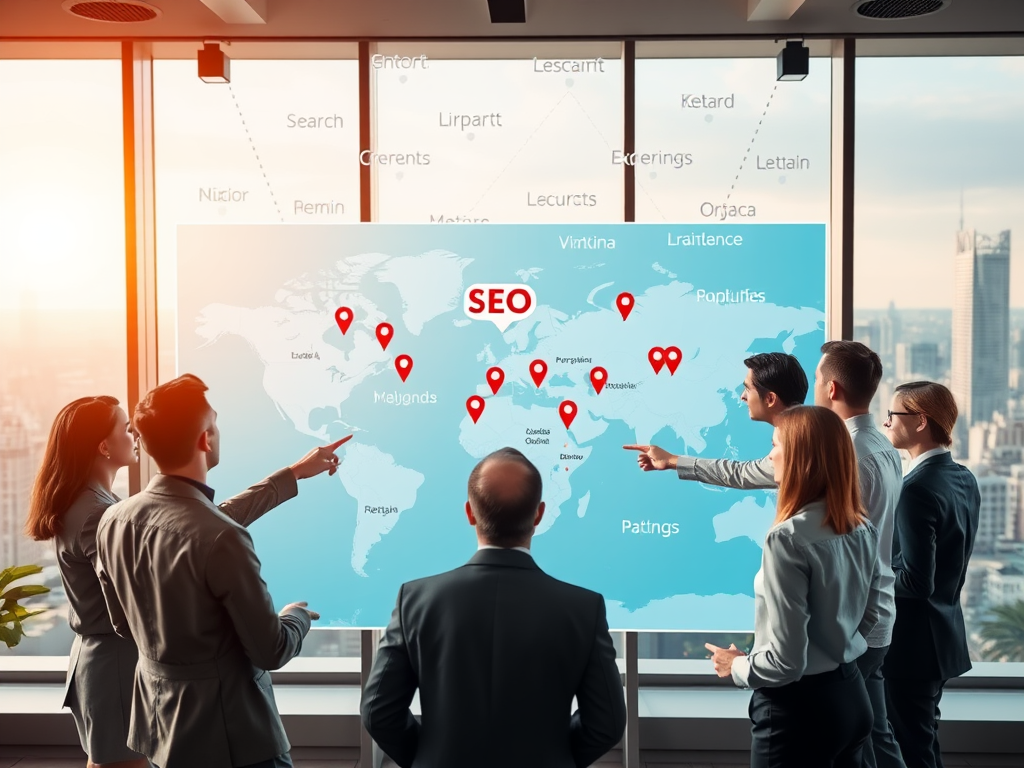 Create a realistic image of a diverse group of business professionals standing around a large digital map display, pointing to various locations, with SEO-related keywords and local search terms floating above the map, set in a modern office with city skyline visible through large windows, warm lighting emphasizing collaboration and innovation.