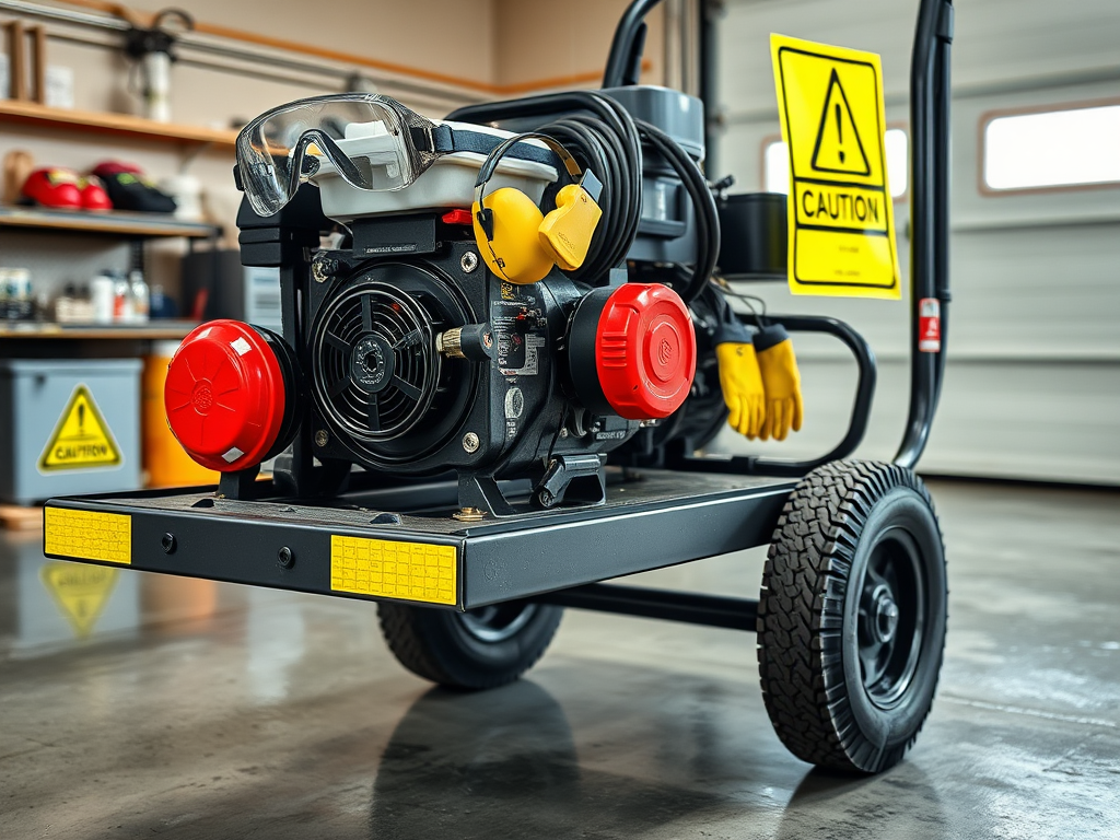 Create a realistic image of a pressure washer skid with visible safety features, including bright yellow caution signs, safety goggles, protective gloves, and ear protection equipment neatly arranged on a workbench. A red emergency stop button is prominently displayed on the skid frame. The background shows a clean concrete floor in a well-lit garage or workshop setting.