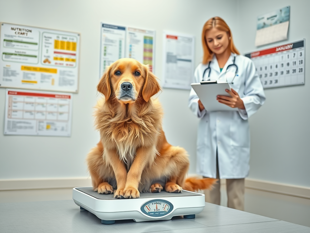 Create a realistic image of a veterinarian's office with a weighing scale in the foreground, a healthy-looking Golden Retriever sitting on it, and a white female veterinarian in a white coat examining the dog, with a clipboard in hand. In the background, visible are nutrition charts for pets and a calendar showing January 1st. The scene is well-lit and conveys a clean, professional atmosphere.