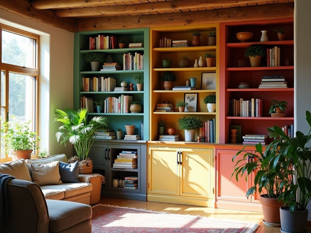 Transform Your Bookcase with Color-Coded Shelves: A Rainbow Farmhouse Style