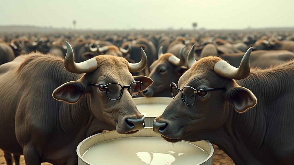 A sprawling buffalo farm with massive water tanks being filled with milk, while farm animals don glasses and mustaches, resembling elegant diplomats in a negotiation.